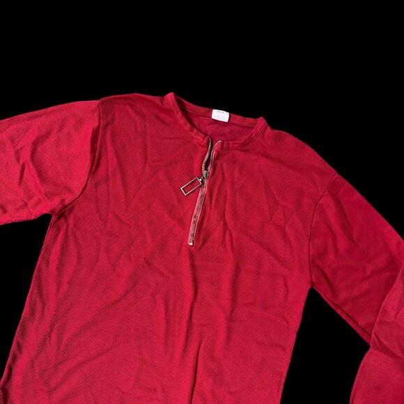 Wear-Dated Tops - Vintage Red Knit Shirt Zipper Wear Dated USA XL 1970s Ribbed Unisex Retro